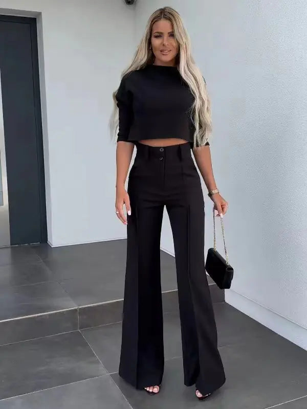 2023 Women's Solid Color Commuter Top & Wide Leg Pants Set