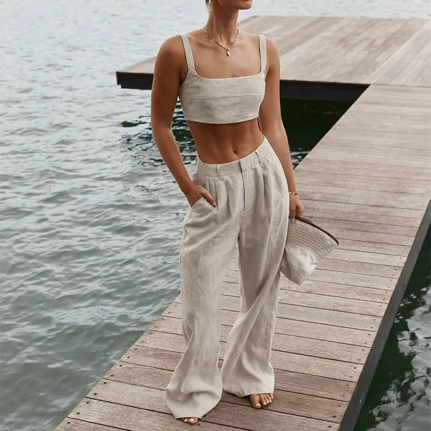 2023 Summer Women's Cotton Linen Tank Top & Wide Leg Pants Set