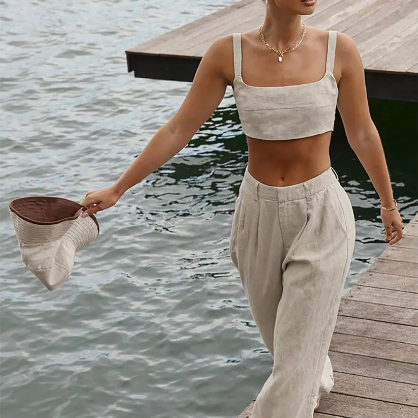 2023 Summer Women's Cotton Linen Tank Top & Wide Leg Pants Set