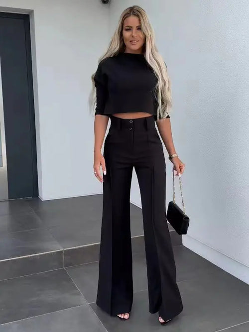 2023 Women's Solid Color Commuter Top & Wide Leg Pants Set