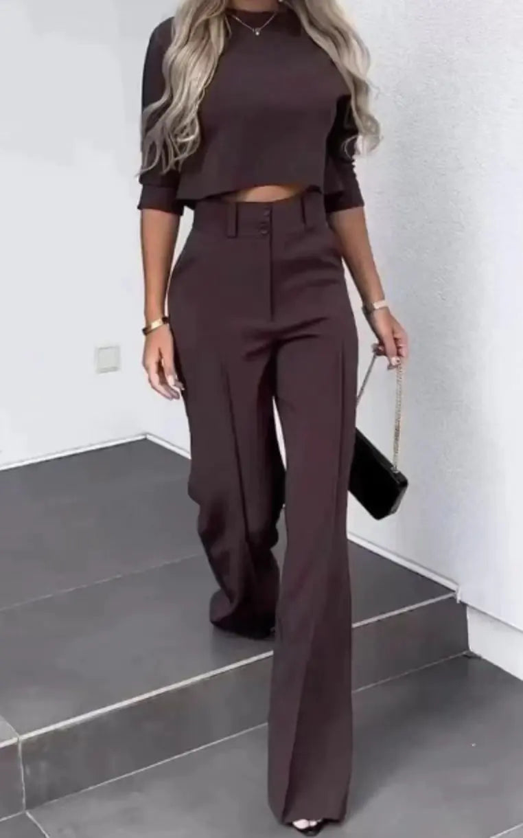 2023 Women's Solid Color Commuter Top & Wide Leg Pants Set