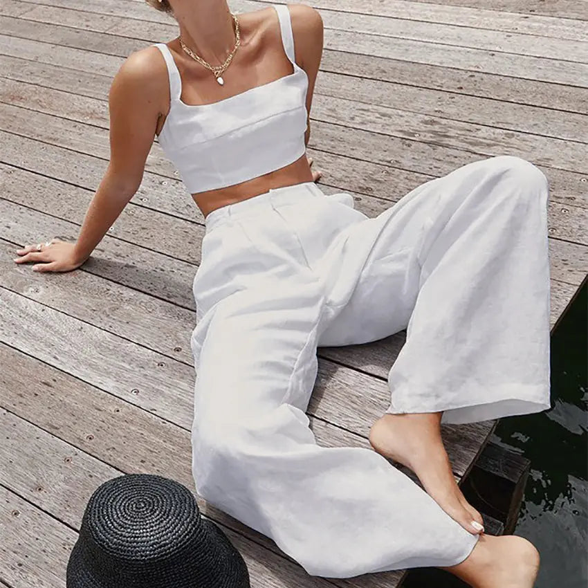 2023 Summer Women's Cotton Linen Tank Top & Wide Leg Pants Set