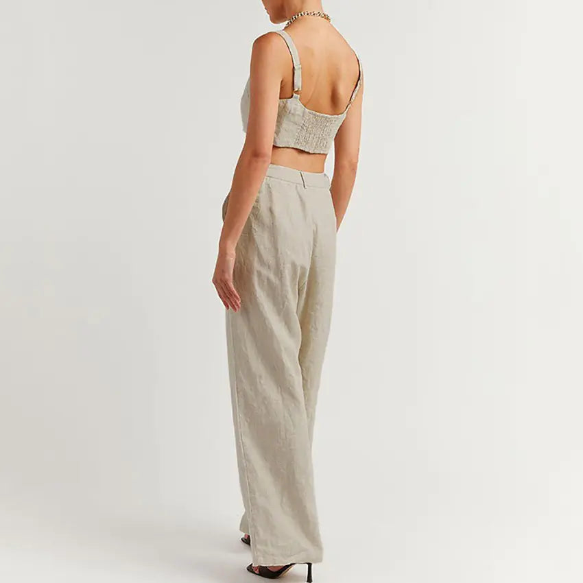 2023 Summer Women's Cotton Linen Tank Top & Wide Leg Pants Set
